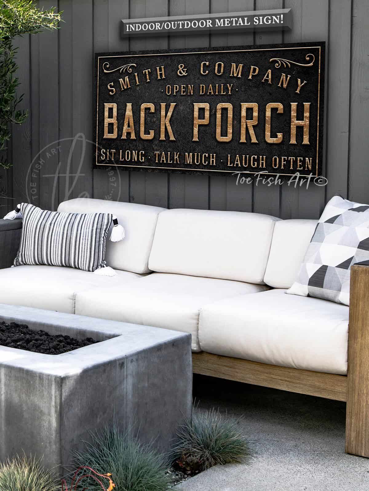 Back Porch Personalized Family Name Sign handmade by ToeFishArt. Original, custom, personalized wall decor signs. Canvas, Wood or Metal. Rustic modern farmhouse, cottagecore, vintage, retro, industrial, Americana, primitive, country, coastal, minimalist.