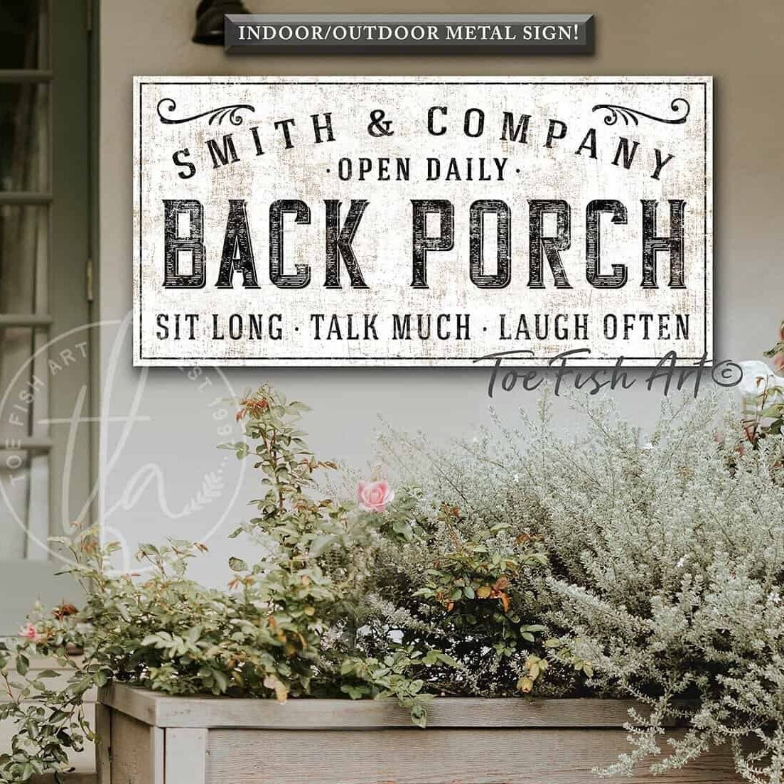 Back Porch Personalized Family Name Sign handmade by ToeFishArt. Original, custom, personalized wall decor signs. Canvas, Wood or Metal. Rustic modern farmhouse, cottagecore, vintage, retro, industrial, Americana, primitive, country, coastal, minimalist.
