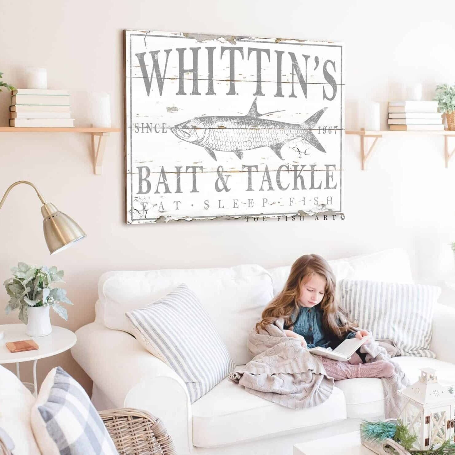 Bait & Tackle Sign handmade by ToeFishArt. Original, custom, personalized wall decor signs. Canvas, Wood or Metal. Rustic modern farmhouse, cottagecore, vintage, retro, industrial, Americana, primitive, country, coastal, minimalist.