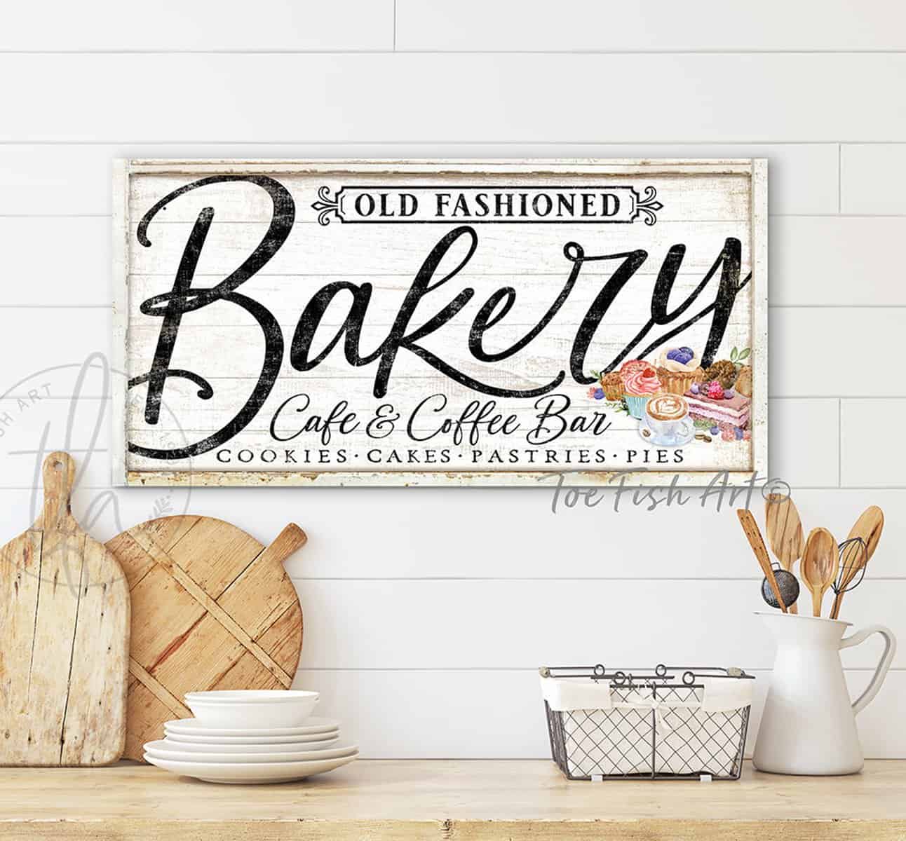 Bakery Café & Coffee Bar Sign, Personalized Options, Cottage Farmhouse Style handmade by ToeFishArt. Original, custom, personalized wall decor signs. Canvas, Wood or Metal. Rustic modern farmhouse, cottagecore, vintage, retro, industrial, Americana, primitive, country, coastal, minimalist.