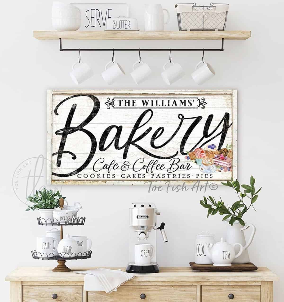 Bakery Café & Coffee Bar Sign, Personalized Options, Cottage Farmhouse Style handmade by ToeFishArt. Original, custom, personalized wall decor signs. Canvas, Wood or Metal. Rustic modern farmhouse, cottagecore, vintage, retro, industrial, Americana, primitive, country, coastal, minimalist.