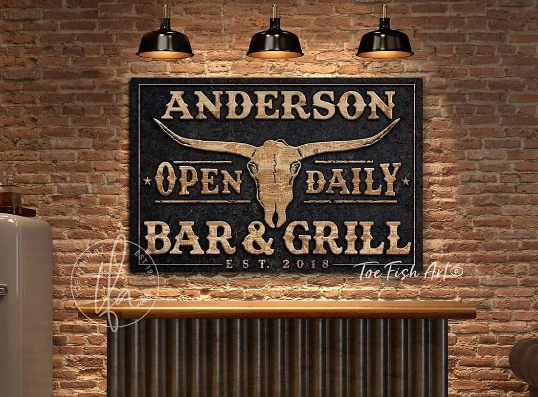Bar & Grill Open Daily Sign handmade by ToeFishArt. Original, custom, personalized wall decor signs. Canvas, Wood or Metal. Rustic modern farmhouse, cottagecore, vintage, retro, industrial, Americana, primitive, country, coastal, minimalist.