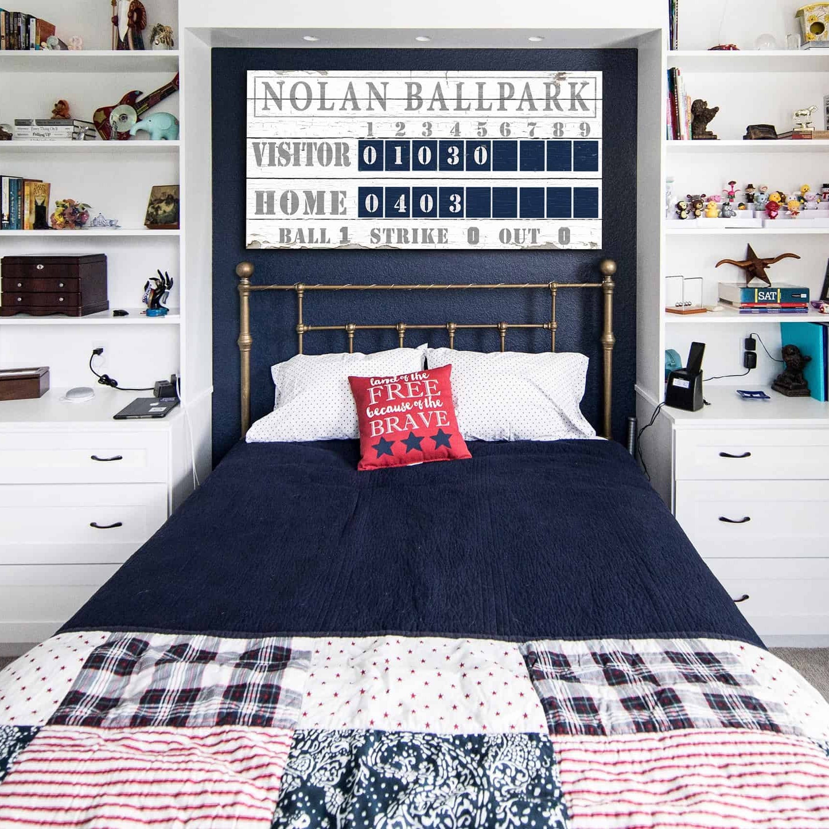 Baseball Scoreboard Sign handmade by ToeFishArt. Original, custom, personalized wall decor signs. Canvas, Wood or Metal. Rustic modern farmhouse, cottagecore, vintage, retro, industrial, Americana, primitive, country, coastal, minimalist.