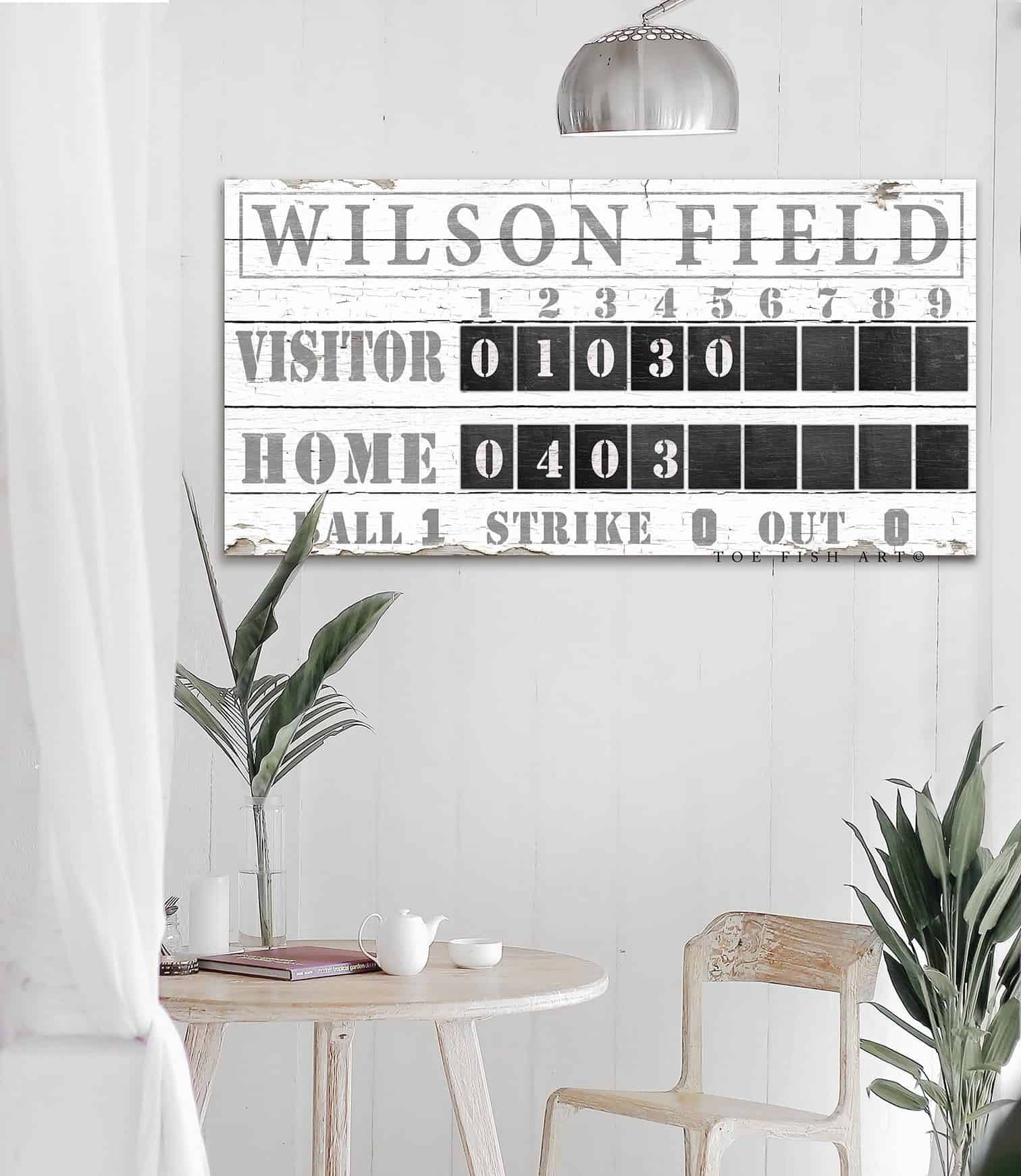 Baseball Scoreboard Sign handmade by ToeFishArt. Original, custom, personalized wall decor signs. Canvas, Wood or Metal. Rustic modern farmhouse, cottagecore, vintage, retro, industrial, Americana, primitive, country, coastal, minimalist.