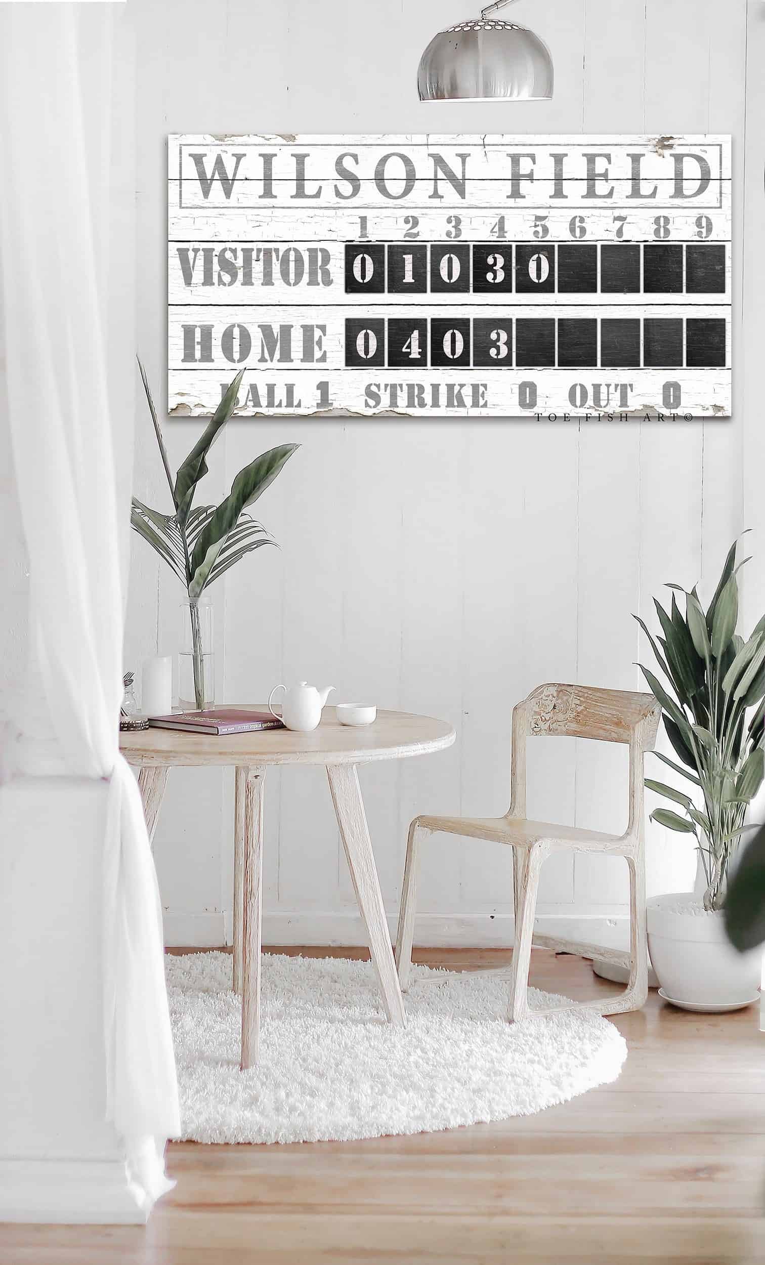 Baseball Scoreboard Sign handmade by ToeFishArt. Original, custom, personalized wall decor signs. Canvas, Wood or Metal. Rustic modern farmhouse, cottagecore, vintage, retro, industrial, Americana, primitive, country, coastal, minimalist.