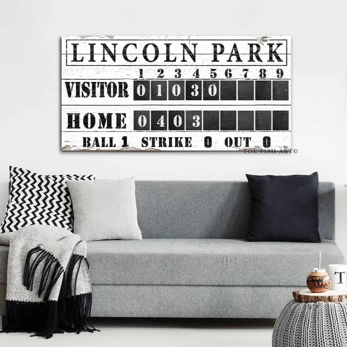 Baseball Scoreboard Sign handmade by ToeFishArt. Original, custom, personalized wall decor signs. Canvas, Wood or Metal. Rustic modern farmhouse, cottagecore, vintage, retro, industrial, Americana, primitive, country, coastal, minimalist.