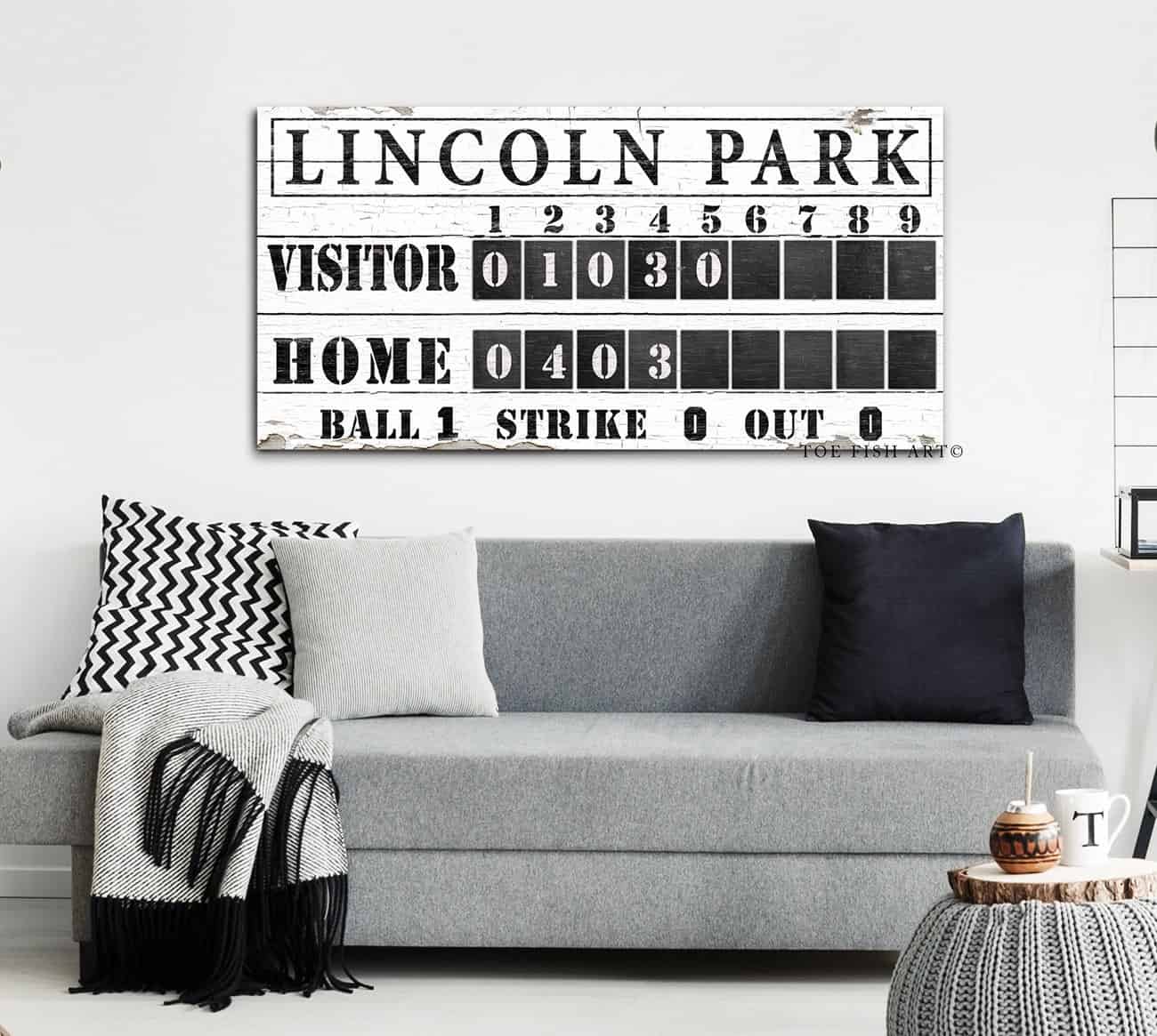 Baseball Scoreboard Sign handmade by ToeFishArt. Original, custom, personalized wall decor signs. Canvas, Wood or Metal. Rustic modern farmhouse, cottagecore, vintage, retro, industrial, Americana, primitive, country, coastal, minimalist.