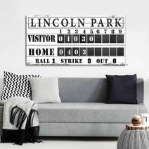 Baseball Scoreboard Sign handmade by ToeFishArt. Original, custom, personalized wall decor signs. Canvas, Wood or Metal. Rustic modern farmhouse, cottagecore, vintage, retro, industrial, Americana, primitive, country, coastal, minimalist.