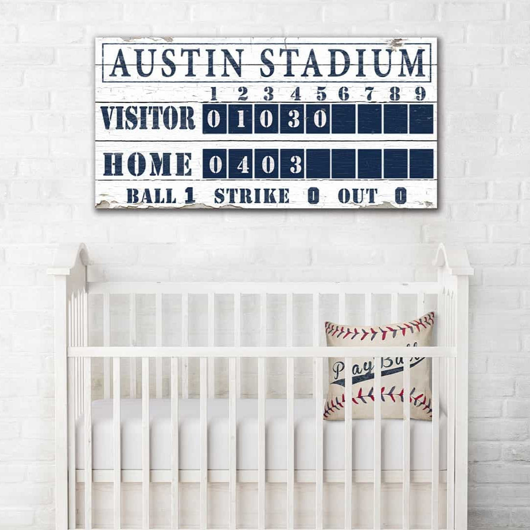 Baseball Scoreboard Sign handmade by ToeFishArt. Original, custom, personalized wall decor signs. Canvas, Wood or Metal. Rustic modern farmhouse, cottagecore, vintage, retro, industrial, Americana, primitive, country, coastal, minimalist.