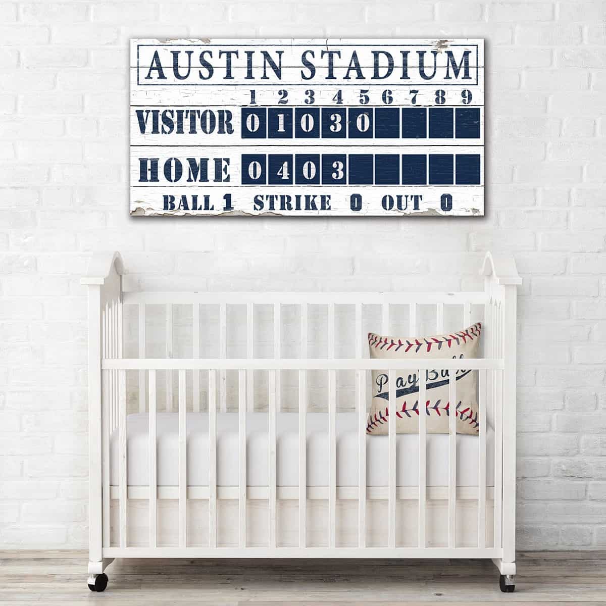 Baseball Scoreboard Sign handmade by ToeFishArt. Original, custom, personalized wall decor signs. Canvas, Wood or Metal. Rustic modern farmhouse, cottagecore, vintage, retro, industrial, Americana, primitive, country, coastal, minimalist.