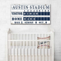 Baseball Scoreboard Sign handmade by ToeFishArt. Original, custom, personalized wall decor signs. Canvas, Wood or Metal. Rustic modern farmhouse, cottagecore, vintage, retro, industrial, Americana, primitive, country, coastal, minimalist.