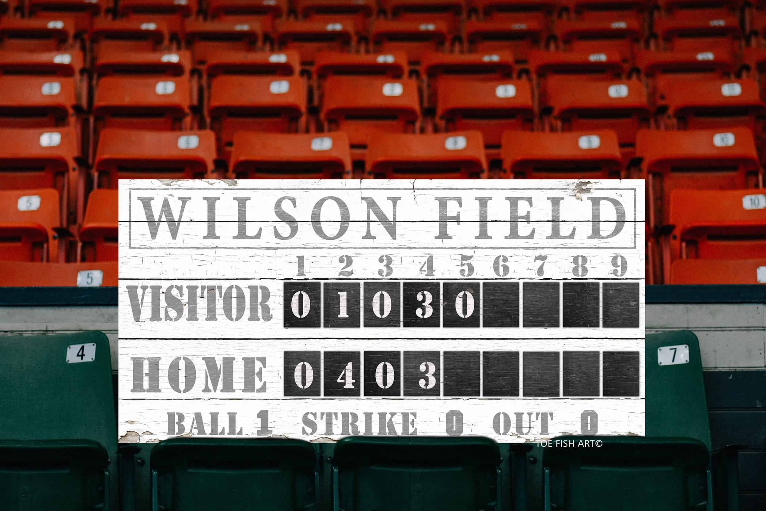 Baseball Scoreboard Sign handmade by ToeFishArt. Original, custom, personalized wall decor signs. Canvas, Wood or Metal. Rustic modern farmhouse, cottagecore, vintage, retro, industrial, Americana, primitive, country, coastal, minimalist.