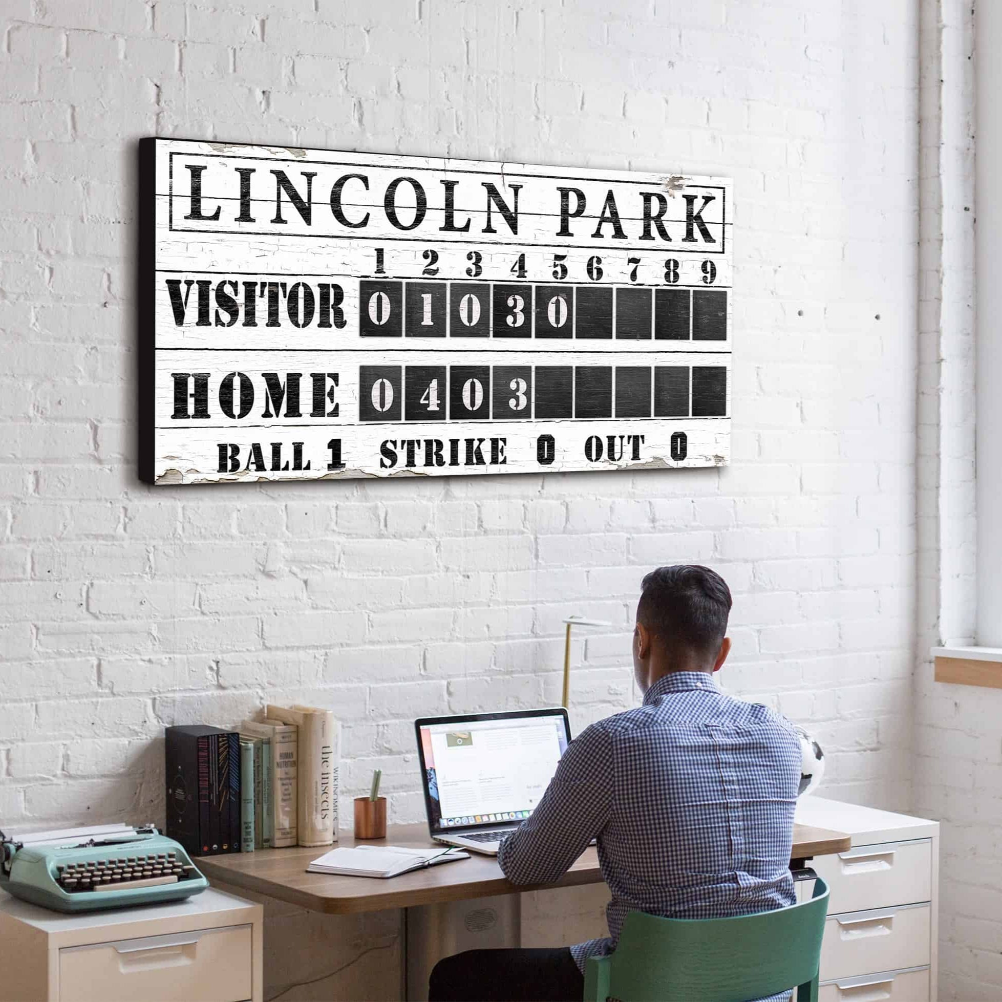 Baseball Scoreboard Sign handmade by ToeFishArt. Original, custom, personalized wall decor signs. Canvas, Wood or Metal. Rustic modern farmhouse, cottagecore, vintage, retro, industrial, Americana, primitive, country, coastal, minimalist.