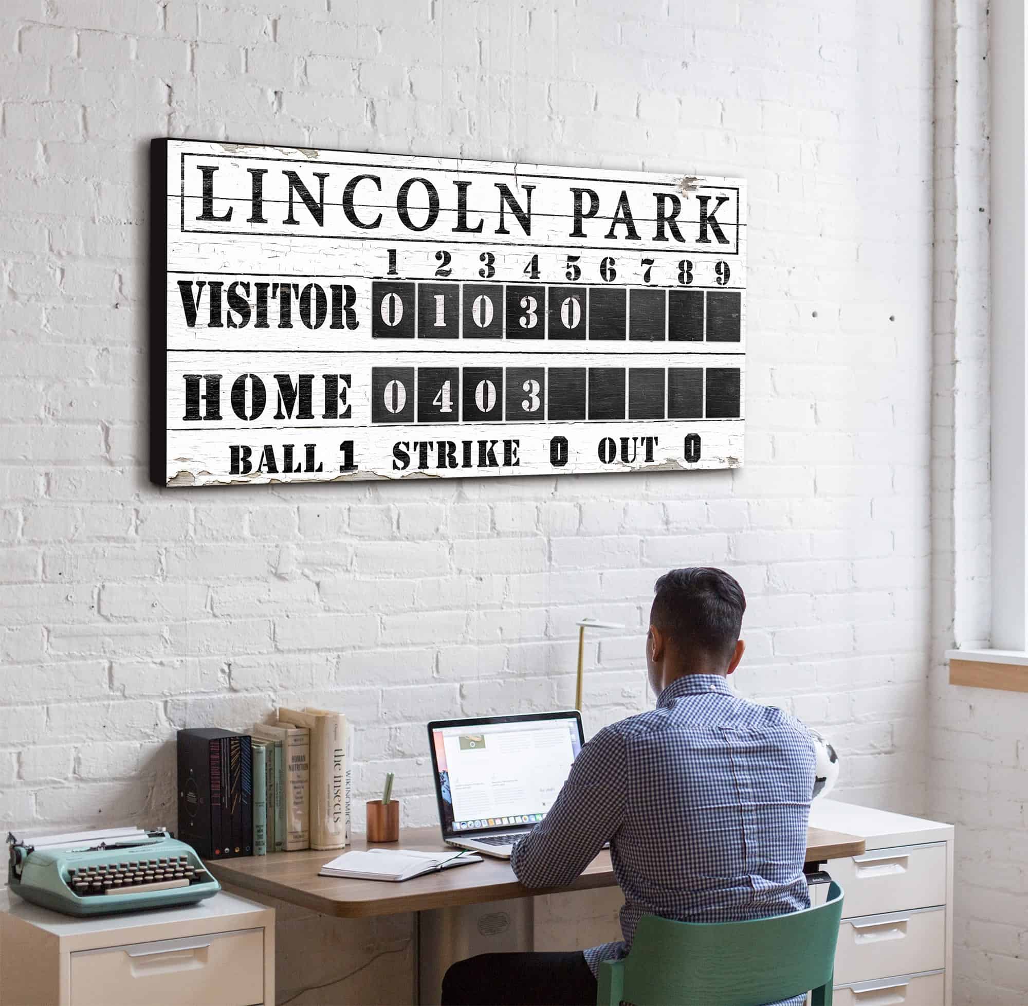 Baseball Scoreboard Sign handmade by ToeFishArt. Original, custom, personalized wall decor signs. Canvas, Wood or Metal. Rustic modern farmhouse, cottagecore, vintage, retro, industrial, Americana, primitive, country, coastal, minimalist.
