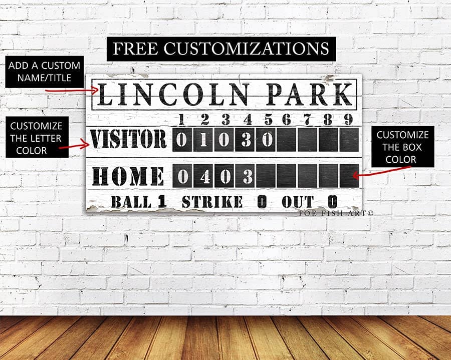 Baseball Scoreboard Sign handmade by ToeFishArt. Original, custom, personalized wall decor signs. Canvas, Wood or Metal. Rustic modern farmhouse, cottagecore, vintage, retro, industrial, Americana, primitive, country, coastal, minimalist.