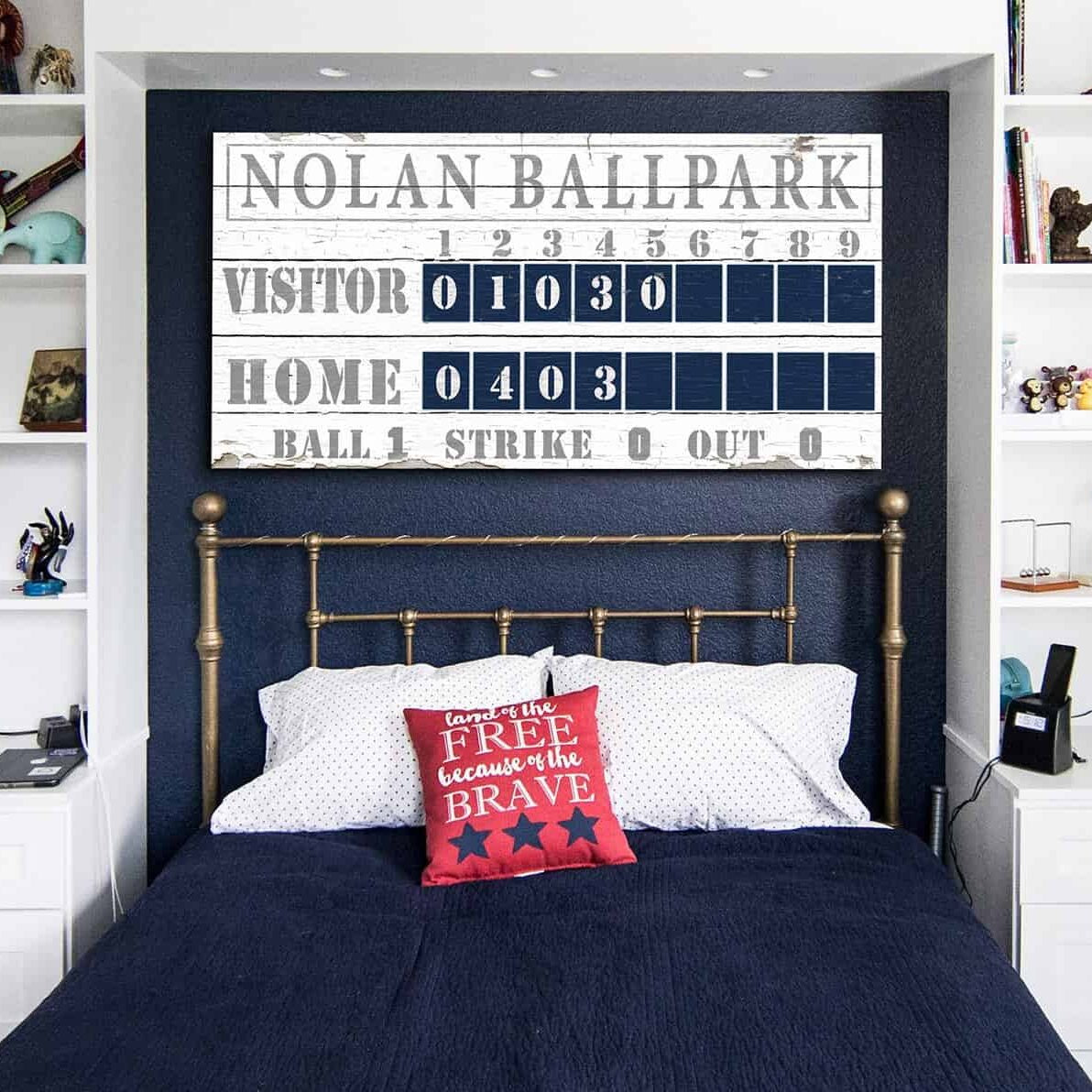 Baseball Scoreboard Sign handmade by ToeFishArt. Original, custom, personalized wall decor signs. Canvas, Wood or Metal. Rustic modern farmhouse, cottagecore, vintage, retro, industrial, Americana, primitive, country, coastal, minimalist.