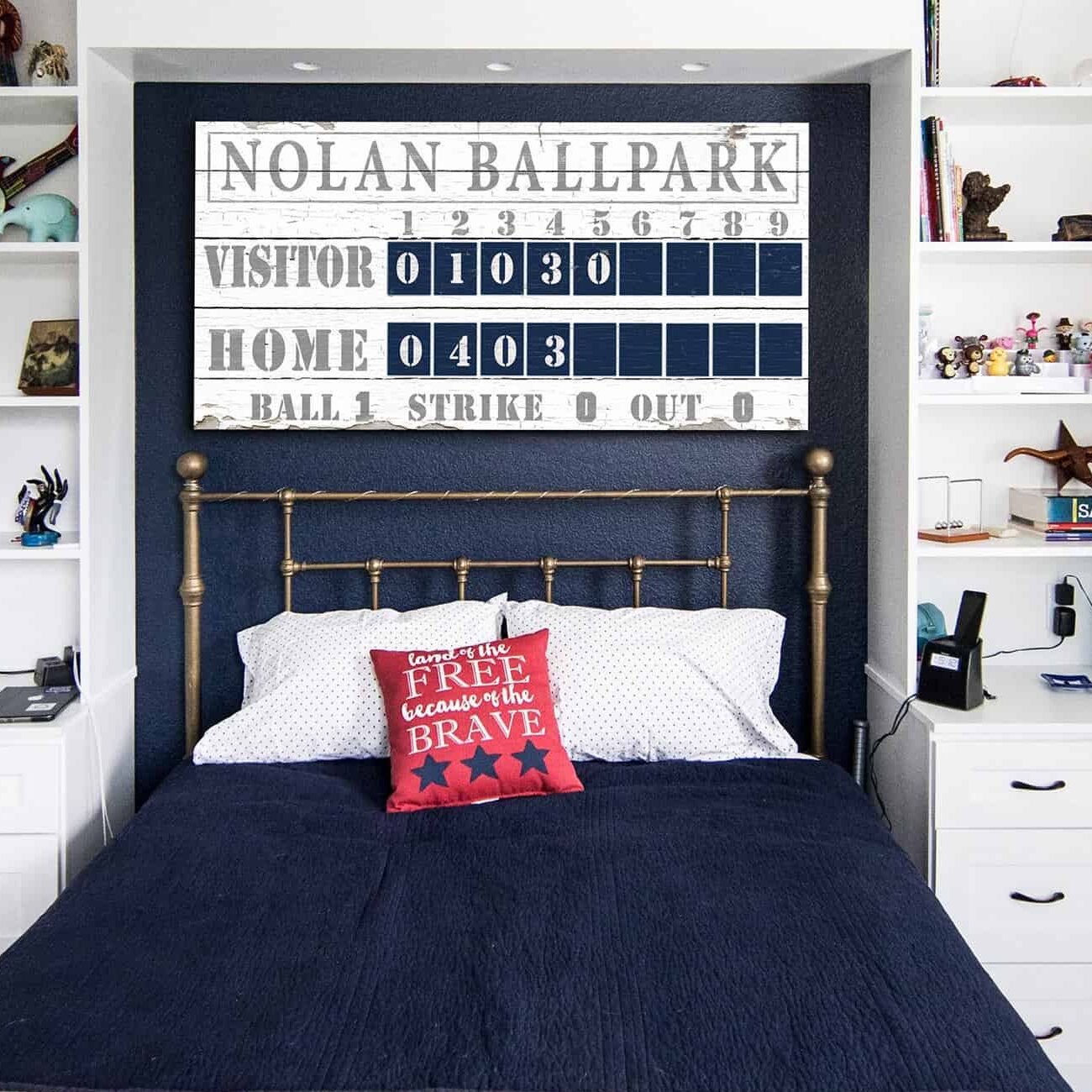 Baseball Scoreboard Sign handmade by ToeFishArt. Original, custom, personalized wall decor signs. Canvas, Wood or Metal. Rustic modern farmhouse, cottagecore, vintage, retro, industrial, Americana, primitive, country, coastal, minimalist.