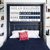 Baseball Scoreboard Sign handmade by ToeFishArt. Original, custom, personalized wall decor signs. Canvas, Wood or Metal. Rustic modern farmhouse, cottagecore, vintage, retro, industrial, Americana, primitive, country, coastal, minimalist.