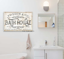 Bath House Sign handmade by ToeFishArt. Original, custom, personalized wall decor signs. Canvas, Wood or Metal. Rustic modern farmhouse, cottagecore, vintage, retro, industrial, Americana, primitive, country, coastal, minimalist.