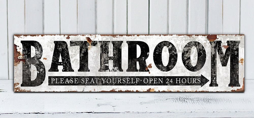 Bathroom Please Seat Yourself-Open 24 Hours Sign handmade by ToeFishArt. Original, custom, personalized wall decor signs. Canvas, Wood or Metal. Rustic modern farmhouse, cottagecore, vintage, retro, industrial, Americana, primitive, country, coastal, minimalist.