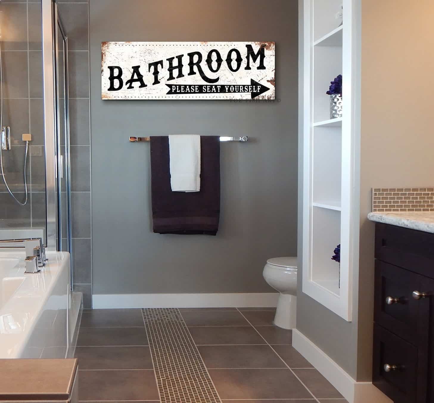 Bathroom Please Seat Yourself Sign handmade by ToeFishArt. Original, custom, personalized wall decor signs. Canvas, Wood or Metal. Rustic modern farmhouse, cottagecore, vintage, retro, industrial, Americana, primitive, country, coastal, minimalist.