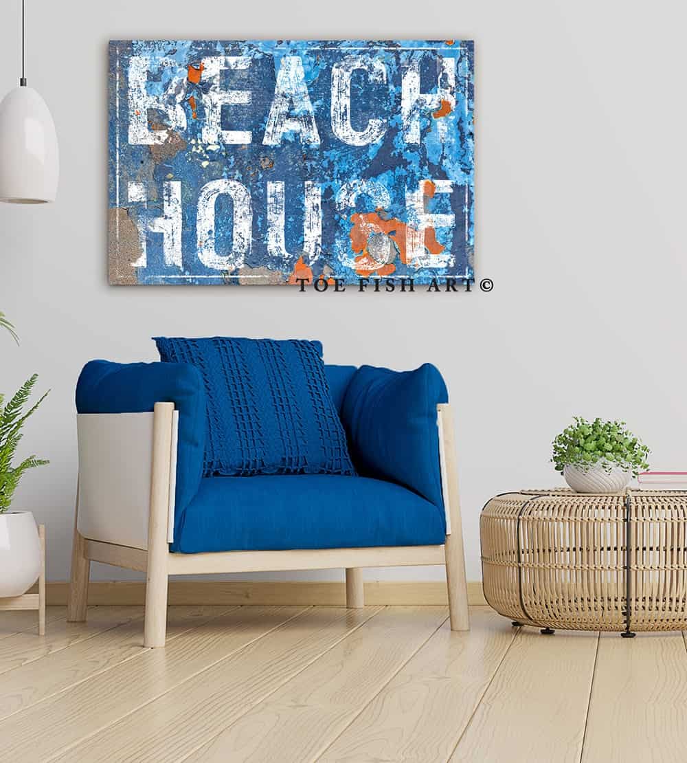Beach House Sign handmade by ToeFishArt. Original, custom, personalized wall decor signs. Canvas, Wood or Metal. Rustic modern farmhouse, cottagecore, vintage, retro, industrial, Americana, primitive, country, coastal, minimalist.