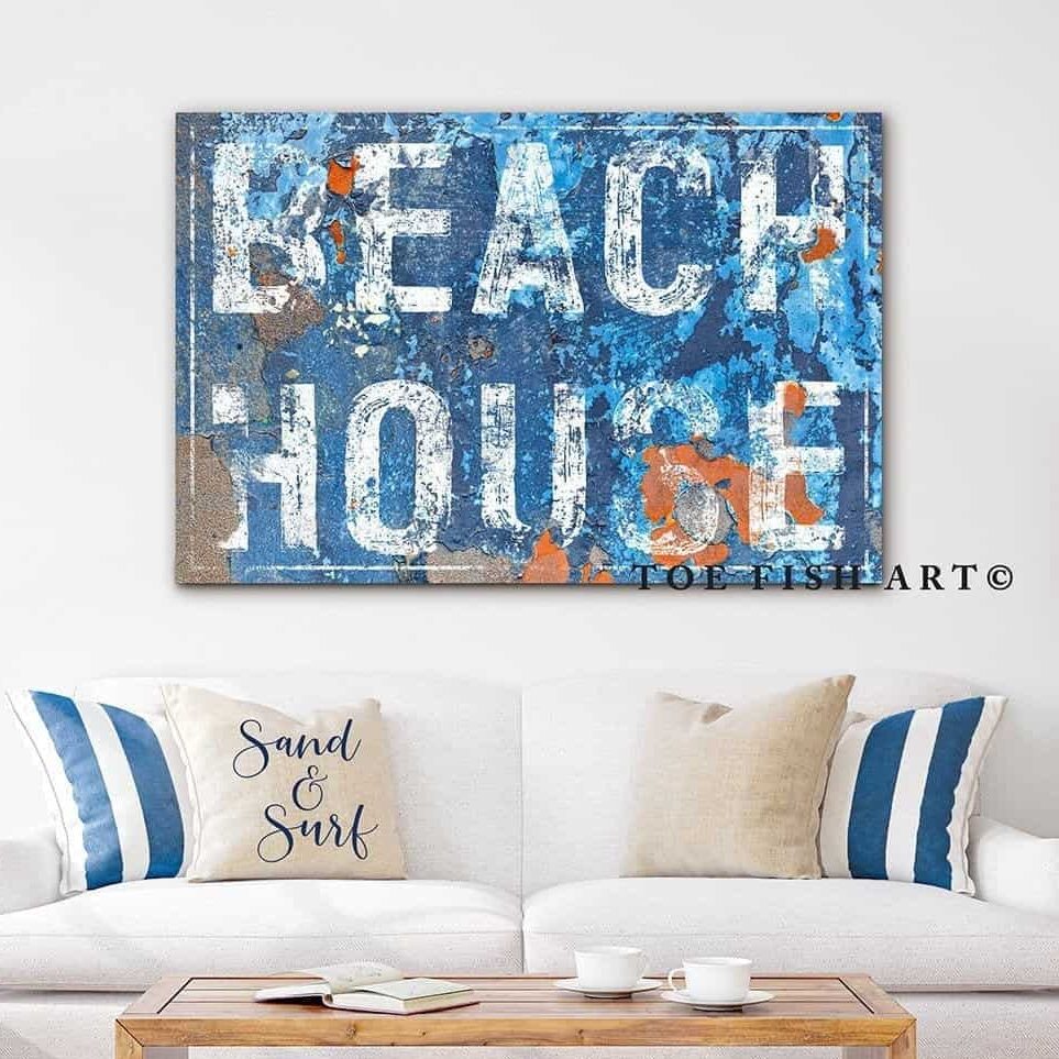 Beach House Sign handmade by ToeFishArt. Original, custom, personalized wall decor signs. Canvas, Wood or Metal. Rustic modern farmhouse, cottagecore, vintage, retro, industrial, Americana, primitive, country, coastal, minimalist.
