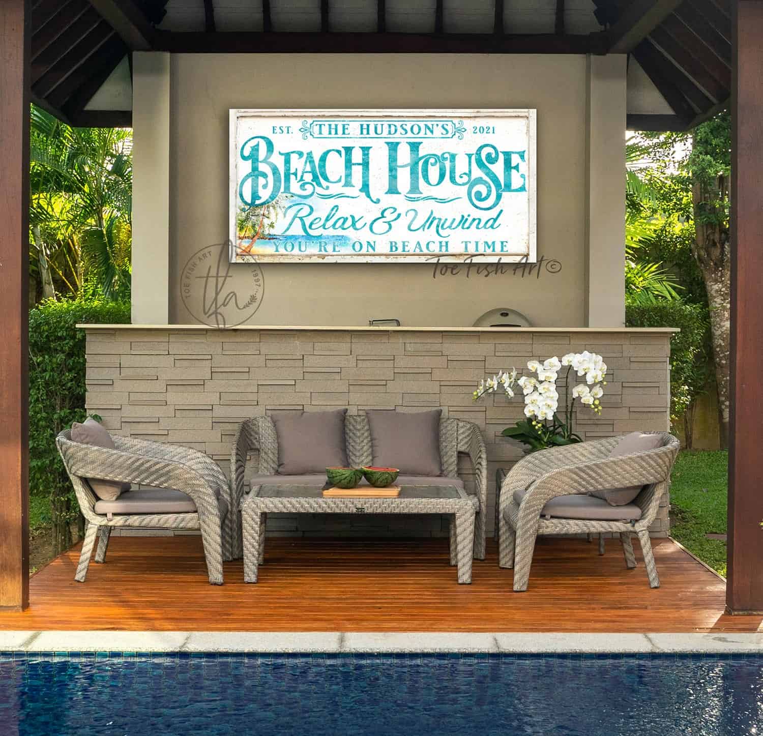 Beach House Sign handmade by ToeFishArt. Original, custom, personalized wall decor signs. Canvas, Wood or Metal. Rustic modern farmhouse, cottagecore, vintage, retro, industrial, Americana, primitive, country, coastal, minimalist.