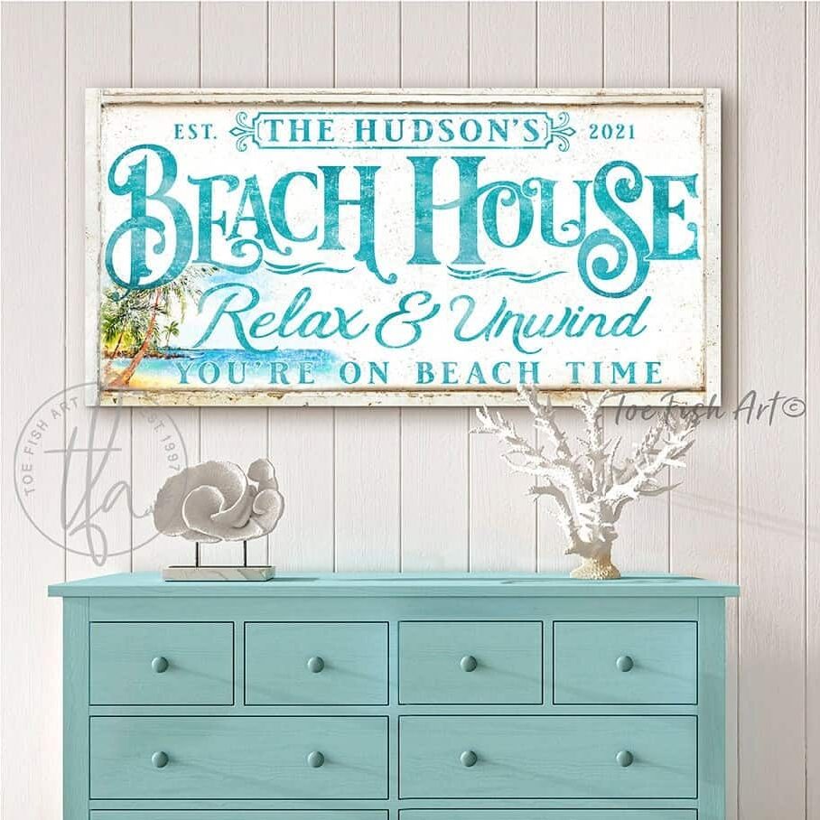 Beach House Sign handmade by ToeFishArt. Original, custom, personalized wall decor signs. Canvas, Wood or Metal. Rustic modern farmhouse, cottagecore, vintage, retro, industrial, Americana, primitive, country, coastal, minimalist.