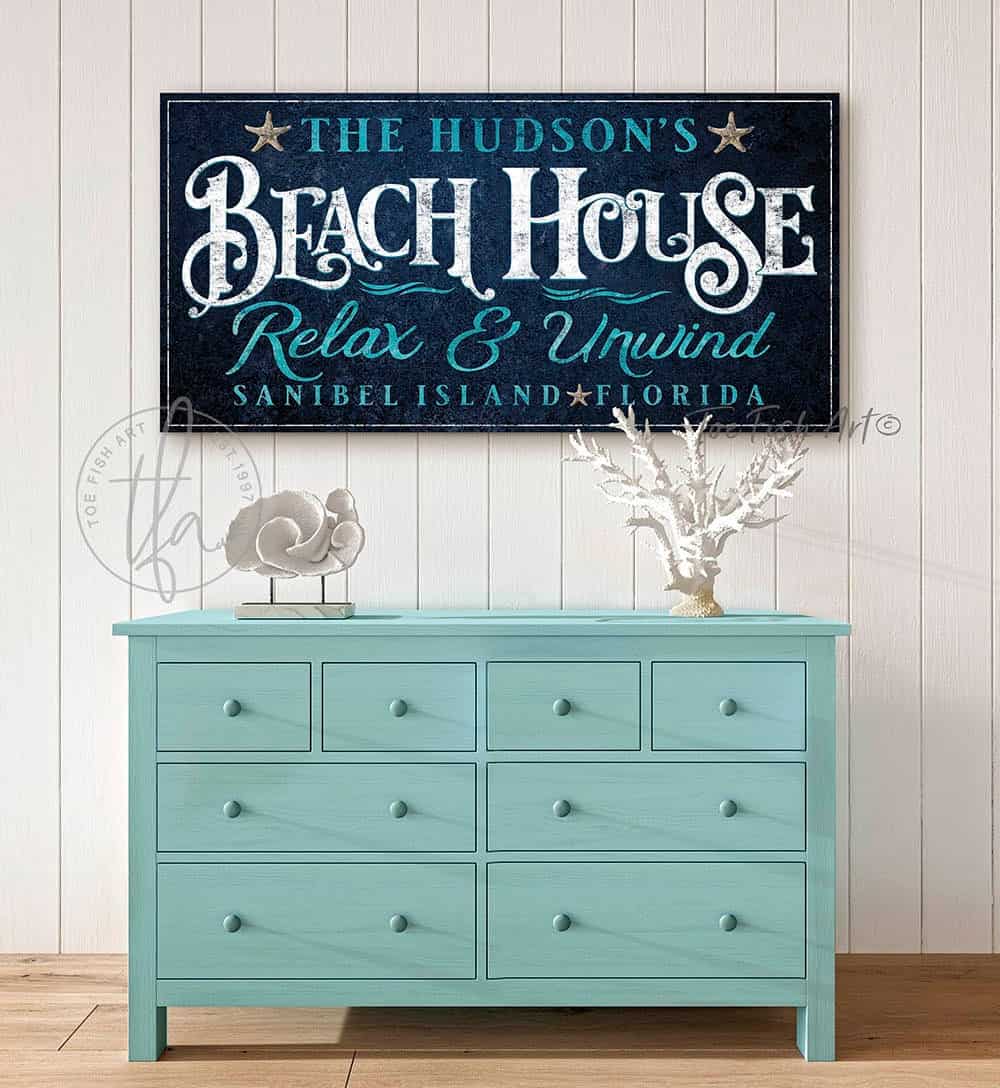 Beach House Sign handmade by ToeFishArt. Original, custom, personalized wall decor signs. Canvas, Wood or Metal. Rustic modern farmhouse, cottagecore, vintage, retro, industrial, Americana, primitive, country, coastal, minimalist.