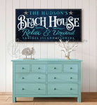 Beach House Sign handmade by ToeFishArt. Original, custom, personalized wall decor signs. Canvas, Wood or Metal. Rustic modern farmhouse, cottagecore, vintage, retro, industrial, Americana, primitive, country, coastal, minimalist.