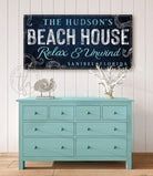 Beach House Sign handmade by ToeFishArt. Original, custom, personalized wall decor signs. Canvas, Wood or Metal. Rustic modern farmhouse, cottagecore, vintage, retro, industrial, Americana, primitive, country, coastal, minimalist.
