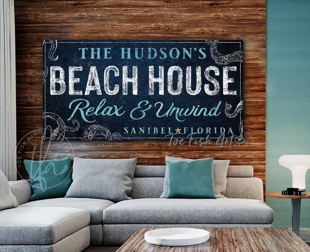 Beach House Sign handmade by ToeFishArt. Original, custom, personalized wall decor signs. Canvas, Wood or Metal. Rustic modern farmhouse, cottagecore, vintage, retro, industrial, Americana, primitive, country, coastal, minimalist.