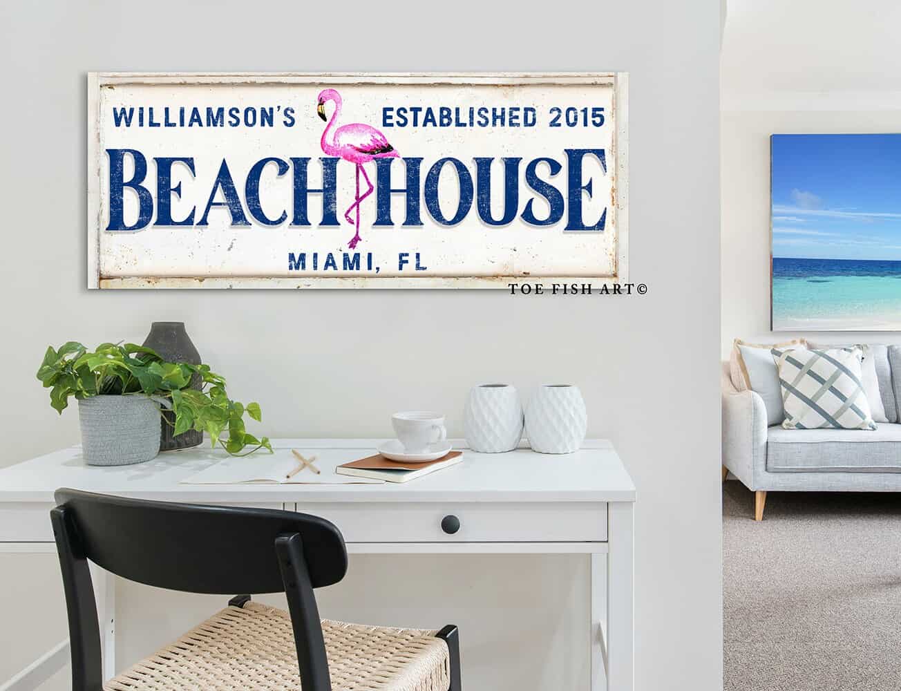 Beach House Sign handmade by ToeFishArt. Original, custom, personalized wall decor signs. Canvas, Wood or Metal. Rustic modern farmhouse, cottagecore, vintage, retro, industrial, Americana, primitive, country, coastal, minimalist.