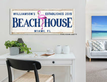 Beach House Sign handmade by ToeFishArt. Original, custom, personalized wall decor signs. Canvas, Wood or Metal. Rustic modern farmhouse, cottagecore, vintage, retro, industrial, Americana, primitive, country, coastal, minimalist.