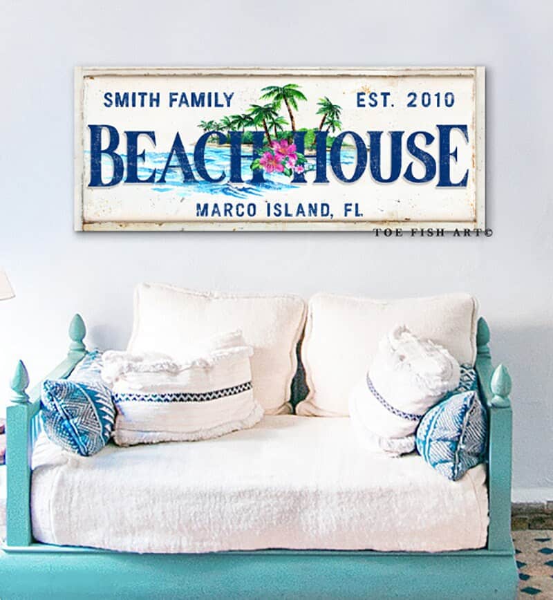 Beach House Sign handmade by ToeFishArt. Original, custom, personalized wall decor signs. Canvas, Wood or Metal. Rustic modern farmhouse, cottagecore, vintage, retro, industrial, Americana, primitive, country, coastal, minimalist.