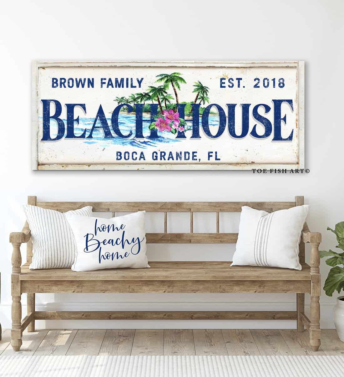 Beach House Sign handmade by ToeFishArt. Original, custom, personalized wall decor signs. Canvas, Wood or Metal. Rustic modern farmhouse, cottagecore, vintage, retro, industrial, Americana, primitive, country, coastal, minimalist.