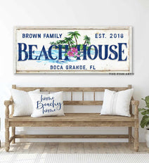 Beach House Sign handmade by ToeFishArt. Original, custom, personalized wall decor signs. Canvas, Wood or Metal. Rustic modern farmhouse, cottagecore, vintage, retro, industrial, Americana, primitive, country, coastal, minimalist.