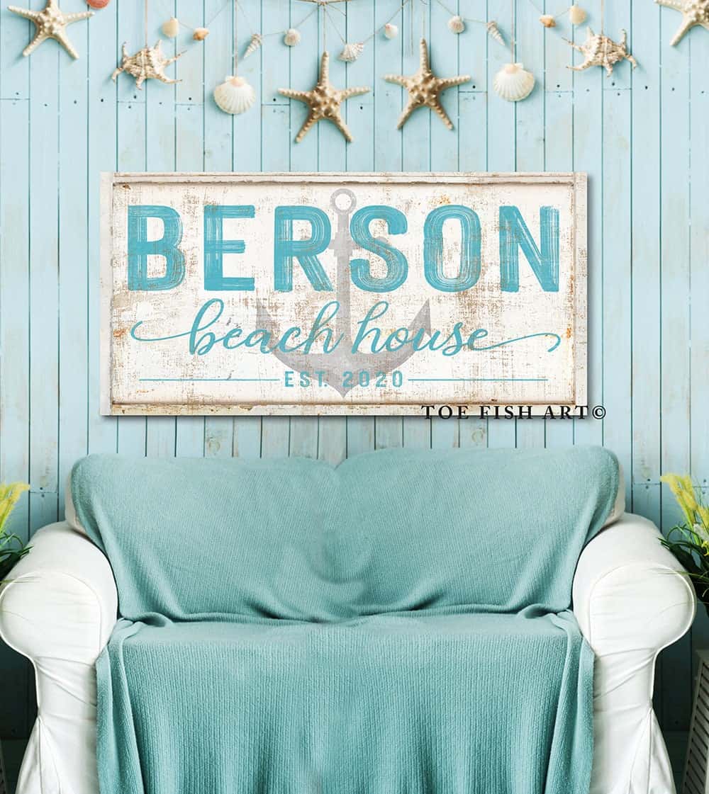 Beach House Sign handmade by ToeFishArt. Original, custom, personalized wall decor signs. Canvas, Wood or Metal. Rustic modern farmhouse, cottagecore, vintage, retro, industrial, Americana, primitive, country, coastal, minimalist.