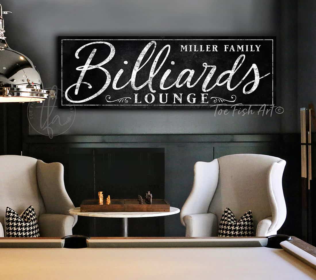 Billiards Lounge Personalized Name Sign, Modern Farmhouse Wall Decor for Pool Table Game Room, Lower Level Basement Bar, Garage, Mancave handmade by ToeFishArt. Original, custom, personalized wall decor signs. Canvas, Wood or Metal. Rustic modern farmhouse, cottagecore, vintage, retro, industrial, Americana, primitive, country, coastal, minimalist.