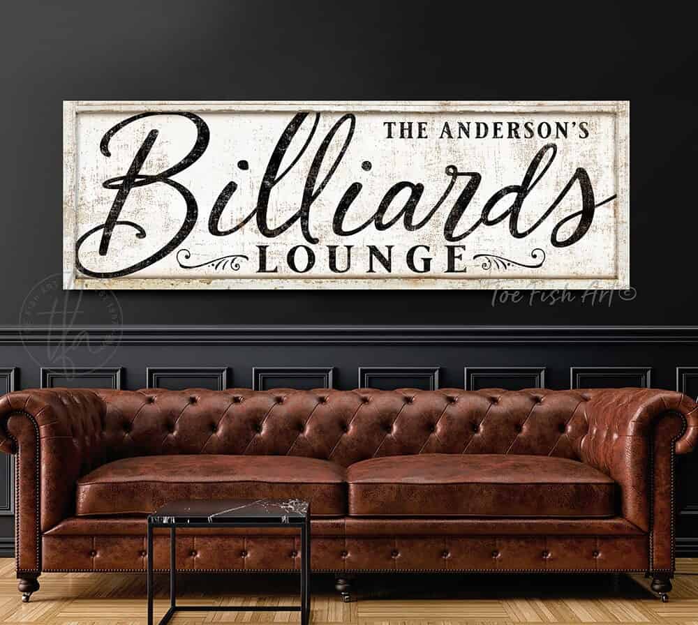 Billiards Lounge Personalized Name Sign, Modern Farmhouse Wall Decor for Pool Table Game Room, Lower Level Basement Bar, Garage, Mancave handmade by ToeFishArt. Original, custom, personalized wall decor signs. Canvas, Wood or Metal. Rustic modern farmhouse, cottagecore, vintage, retro, industrial, Americana, primitive, country, coastal, minimalist.