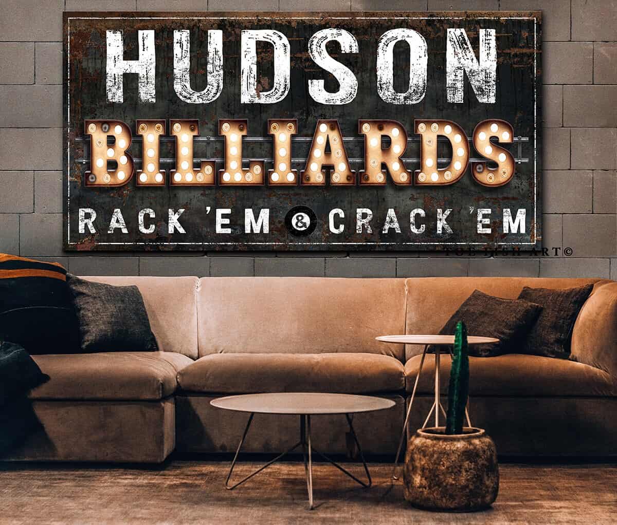 Billiards "Marquee"-style Sign handmade by ToeFishArt. Original, custom, personalized wall decor signs. Canvas, Wood or Metal. Rustic modern farmhouse, cottagecore, vintage, retro, industrial, Americana, primitive, country, coastal, minimalist.