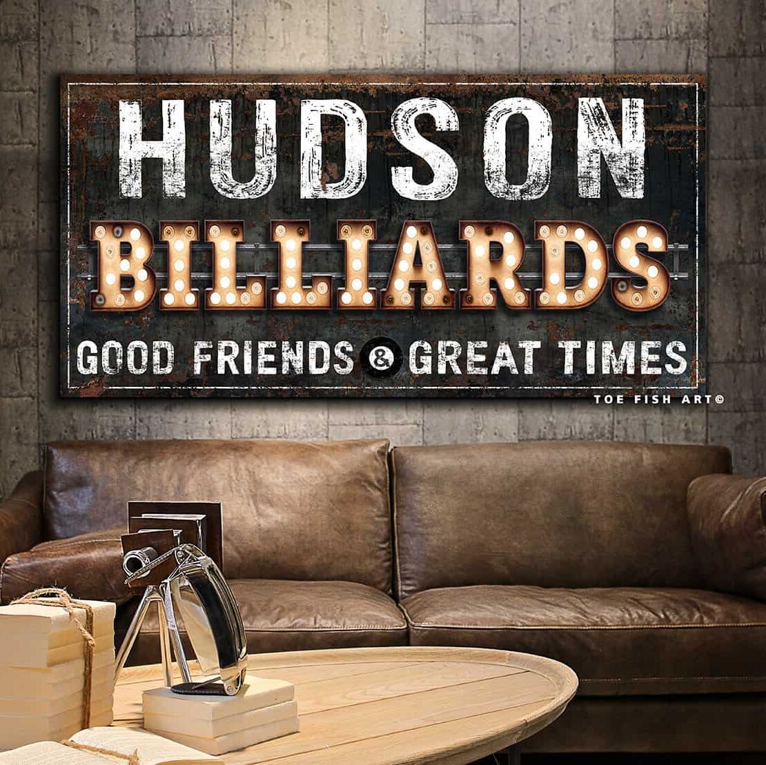 Billiards "Marquee"-style Sign handmade by ToeFishArt. Original, custom, personalized wall decor signs. Canvas, Wood or Metal. Rustic modern farmhouse, cottagecore, vintage, retro, industrial, Americana, primitive, country, coastal, minimalist.