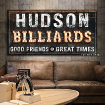 Billiards "Marquee"-style Sign handmade by ToeFishArt. Original, custom, personalized wall decor signs. Canvas, Wood or Metal. Rustic modern farmhouse, cottagecore, vintage, retro, industrial, Americana, primitive, country, coastal, minimalist.