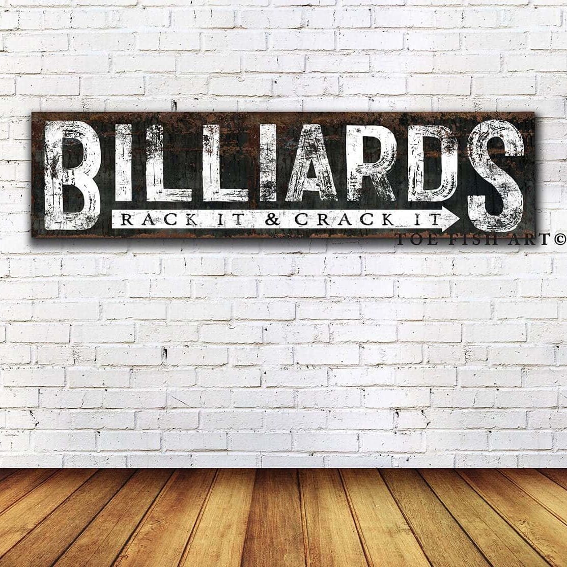 Billiards Sign Rack & Crack handmade by ToeFishArt. Original, custom, personalized wall decor signs. Canvas, Wood or Metal. Rustic modern farmhouse, cottagecore, vintage, retro, industrial, Americana, primitive, country, coastal, minimalist.