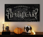 Black Cat Apothecary Personalized Sign handmade by ToeFishArt. Original, custom, personalized wall decor signs. Canvas, Wood or Metal. Rustic modern farmhouse, cottagecore, vintage, retro, industrial, Americana, primitive, country, coastal, minimalist.