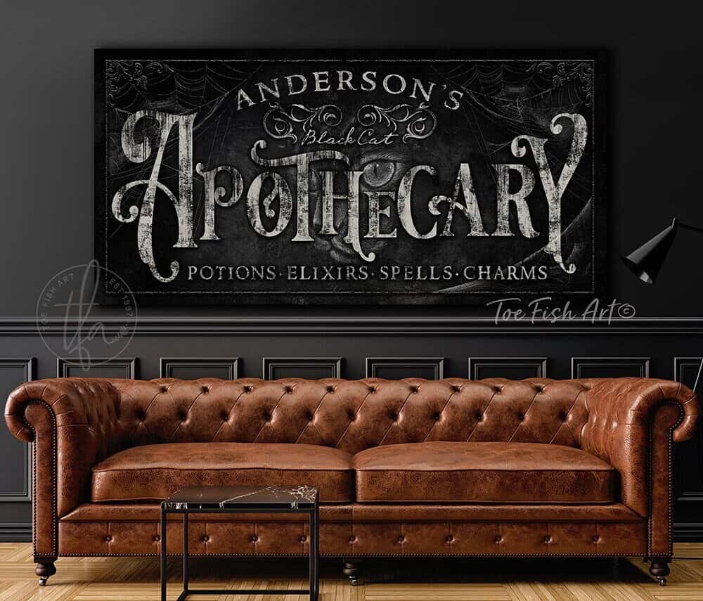 Black Cat Apothecary Personalized Sign handmade by ToeFishArt. Original, custom, personalized wall decor signs. Canvas, Wood or Metal. Rustic modern farmhouse, cottagecore, vintage, retro, industrial, Americana, primitive, country, coastal, minimalist.