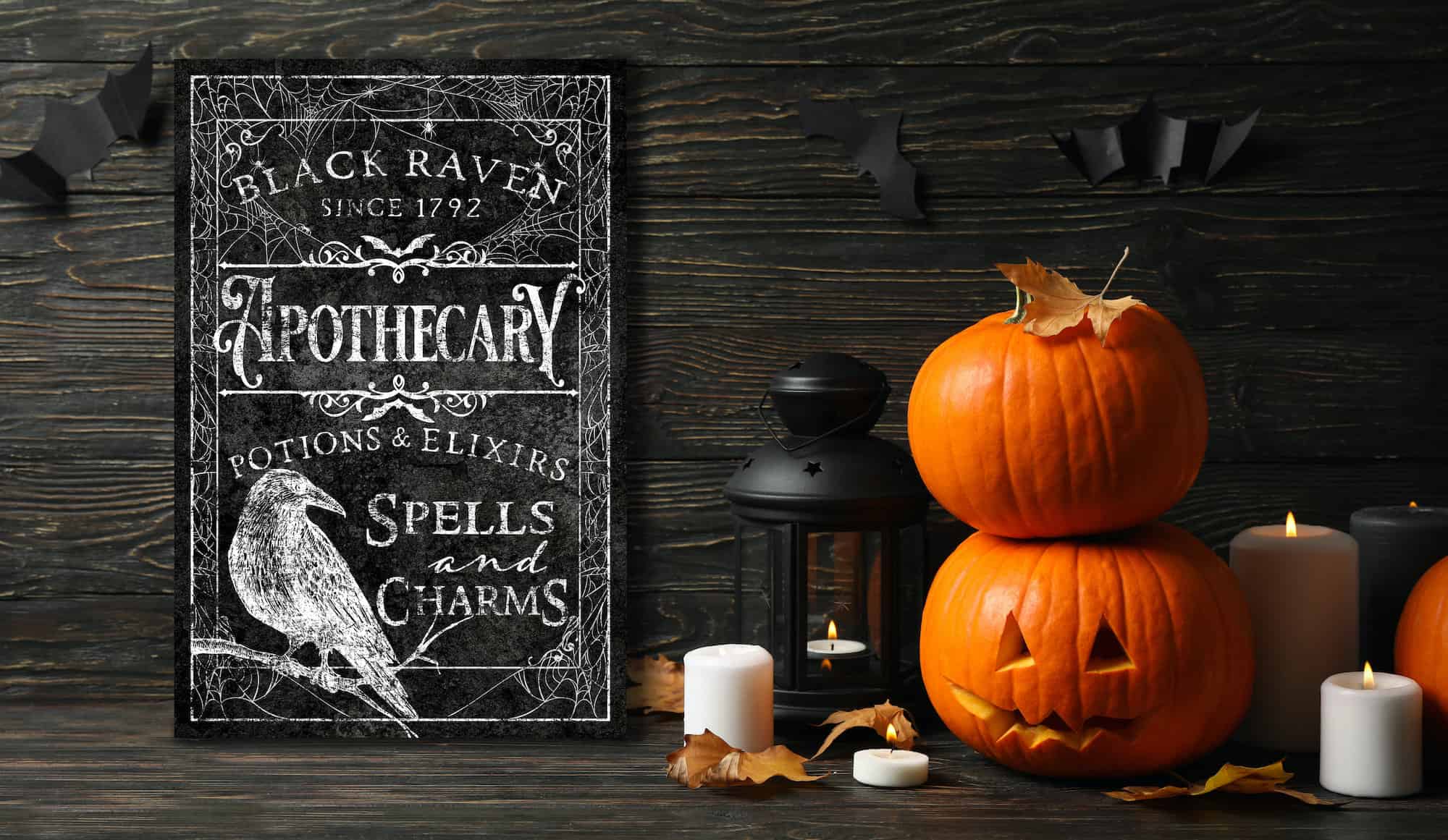 Black Raven Apothecary Sign handmade by ToeFishArt. Original, custom, personalized wall decor signs. Canvas, Wood or Metal. Rustic modern farmhouse, cottagecore, vintage, retro, industrial, Americana, primitive, country, coastal, minimalist.