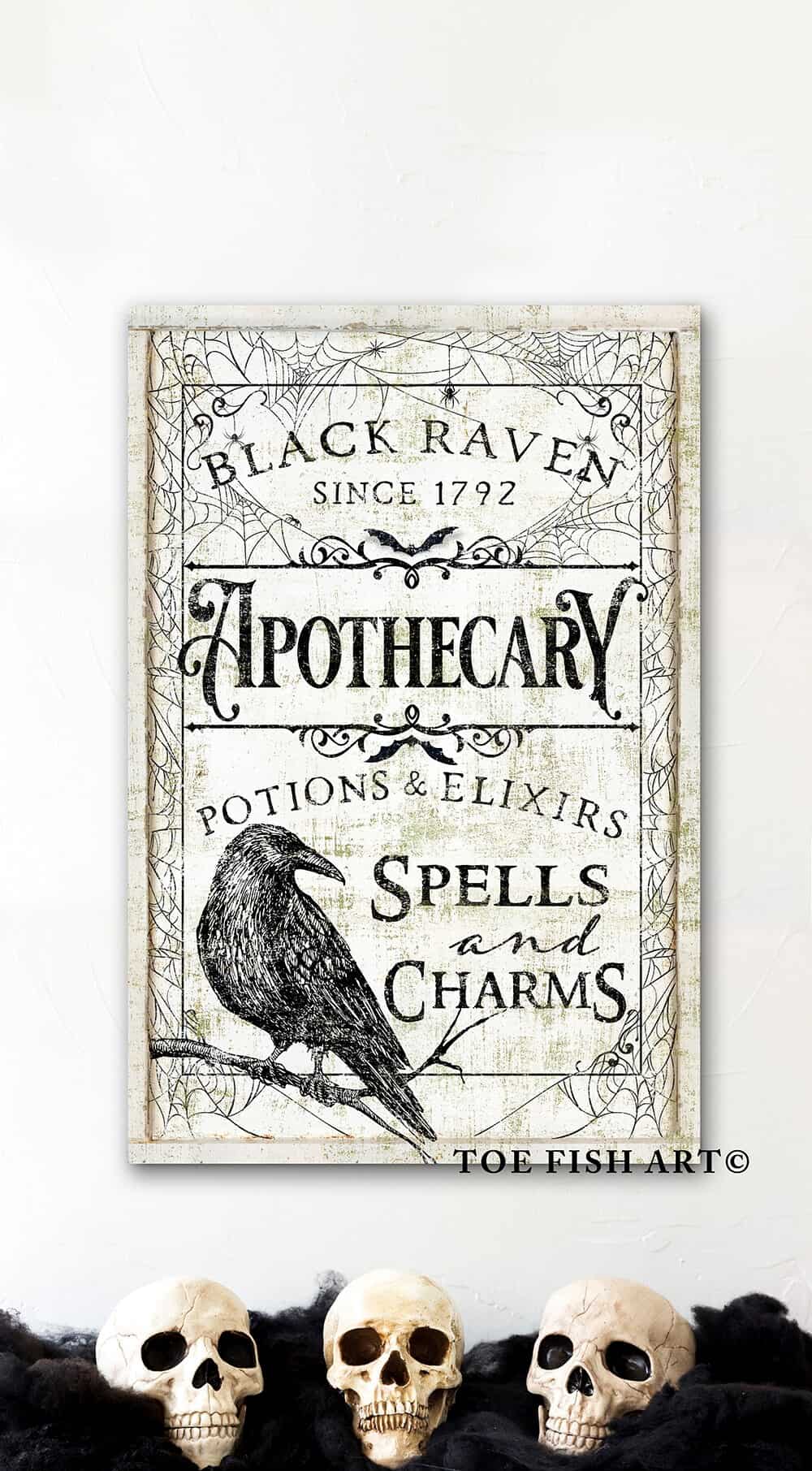 Black Raven Apothecary Sign handmade by ToeFishArt. Original, custom, personalized wall decor signs. Canvas, Wood or Metal. Rustic modern farmhouse, cottagecore, vintage, retro, industrial, Americana, primitive, country, coastal, minimalist.