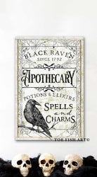 Black Raven Apothecary Sign handmade by ToeFishArt. Original, custom, personalized wall decor signs. Canvas, Wood or Metal. Rustic modern farmhouse, cottagecore, vintage, retro, industrial, Americana, primitive, country, coastal, minimalist.